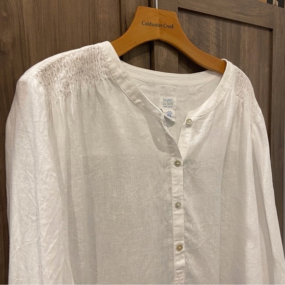 Sigrid Olsen XL Linen Half Button down Pullover Top Shirt Roll Tab sleeves White - Picture 5 of 11